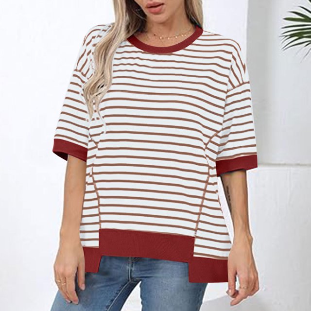RXIRUCGD Hauts pour Femmes Décontractés Col Rond Manches Mi-Longues Ourlet Rayé Pull Tendance T-Shirts Blouse, Rouge, Taille : L