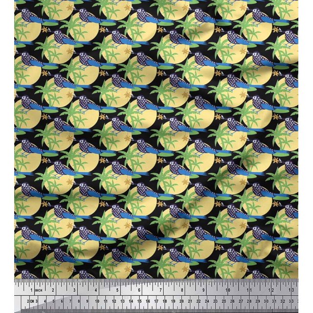 Soimoi Satin Silk Fabric Bird,Palm Tree & Sun Nature Printed Fabric 1 Yard 42 Inch Wide