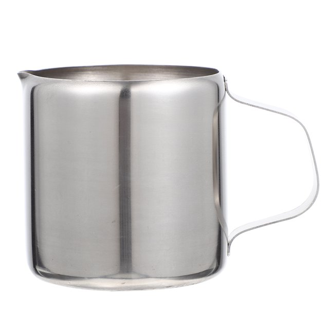 Professional Milk Frothing Pitcher Stainless Steel Milk Frother Cup Milk Frother Container with a 150ml capacity. Made of durable 304 stainless steel, featuring a polished finish, a comfortable handle, and a special tip design for smooth pouring. Ideal for creating milk froth for espressos and cappuccinos, suitable for home, coffee shops, and restaurants.