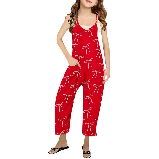 Girls Romper Bow Print Jumpsuits Rompers for Girls Casual V Neck Strap Rompers with Pockets Girls Clothing Size 7-8 Y