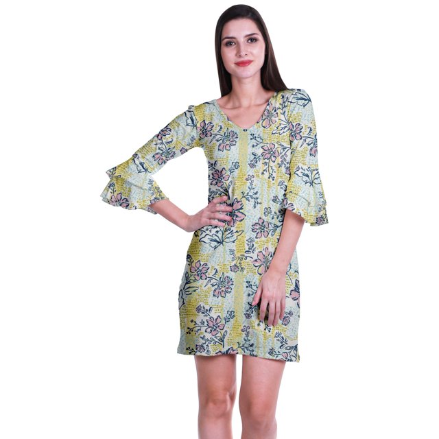 Moomaya Robe Courte Imprimée pour Femmes, Manches Évasées, Coupe Droite, Robes pour Femmes, Vêtements d'Été Décontractés
