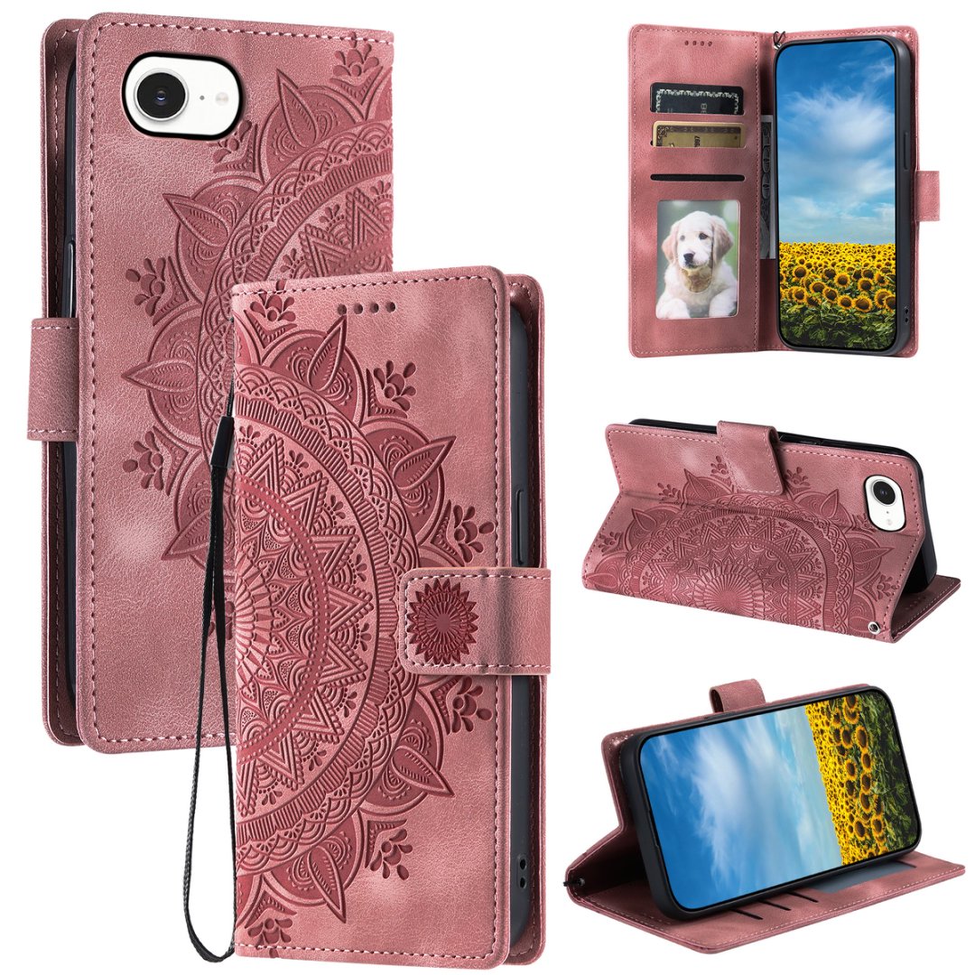 Étui à Rabat pour iPhone 16e, Portefeuille en Cuir PU Premium avec Fleurs en Relief Totem, Couverture Folio avec Porte-Cartes et Support Compatible avec iPhone 16e - Rose