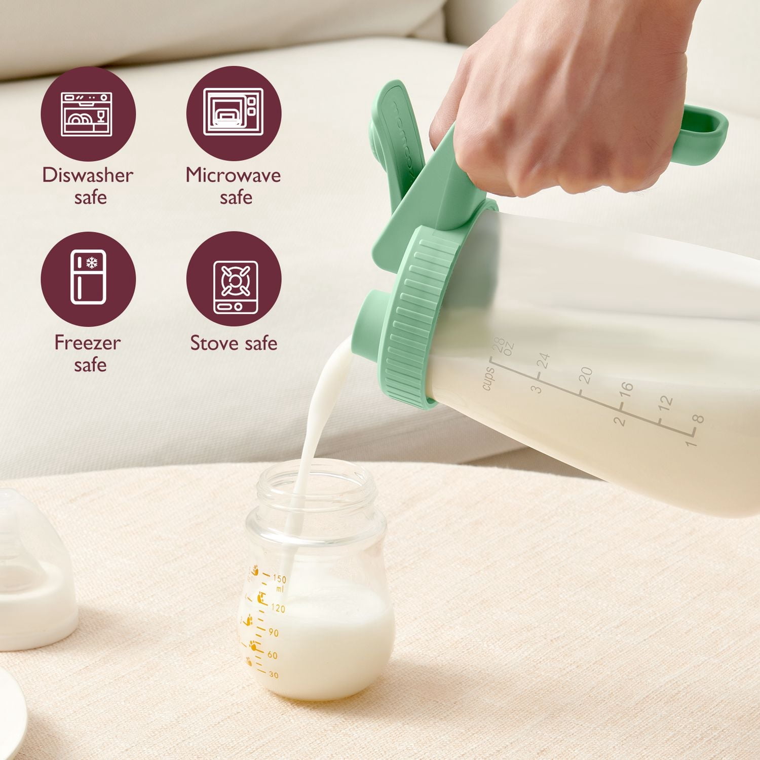 Momcozy Breast Milk Pitcher, Glass, No Leak, Heat & Cold Resistant, Baby Formula Maker, Infant Storage, Green