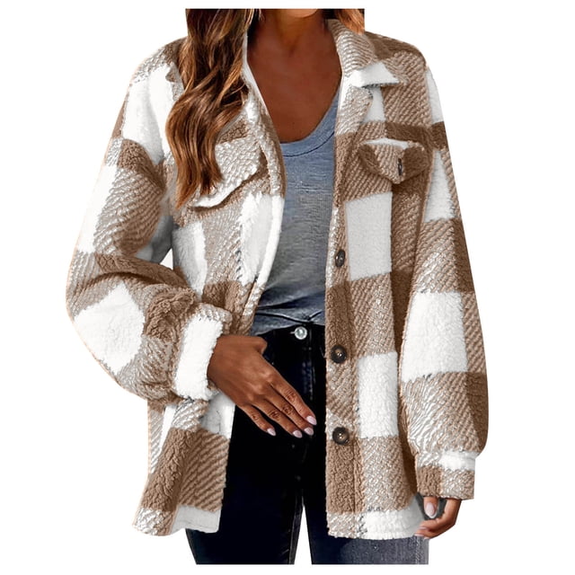 Timegard Womens Jacket Plus Size Plaid Stand Collar Button down Fleece Hooded Jacket Winter Fuzzy Warm Coat