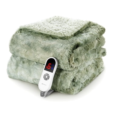 MARNUR Heated Blanket Electric Throw 50" x 60", Heating Blanket with Soft Faux Fur & Shu Velvet, Large LED Display, 6 Heating Levels, 4 Hours Timer, Tie-Dye Green