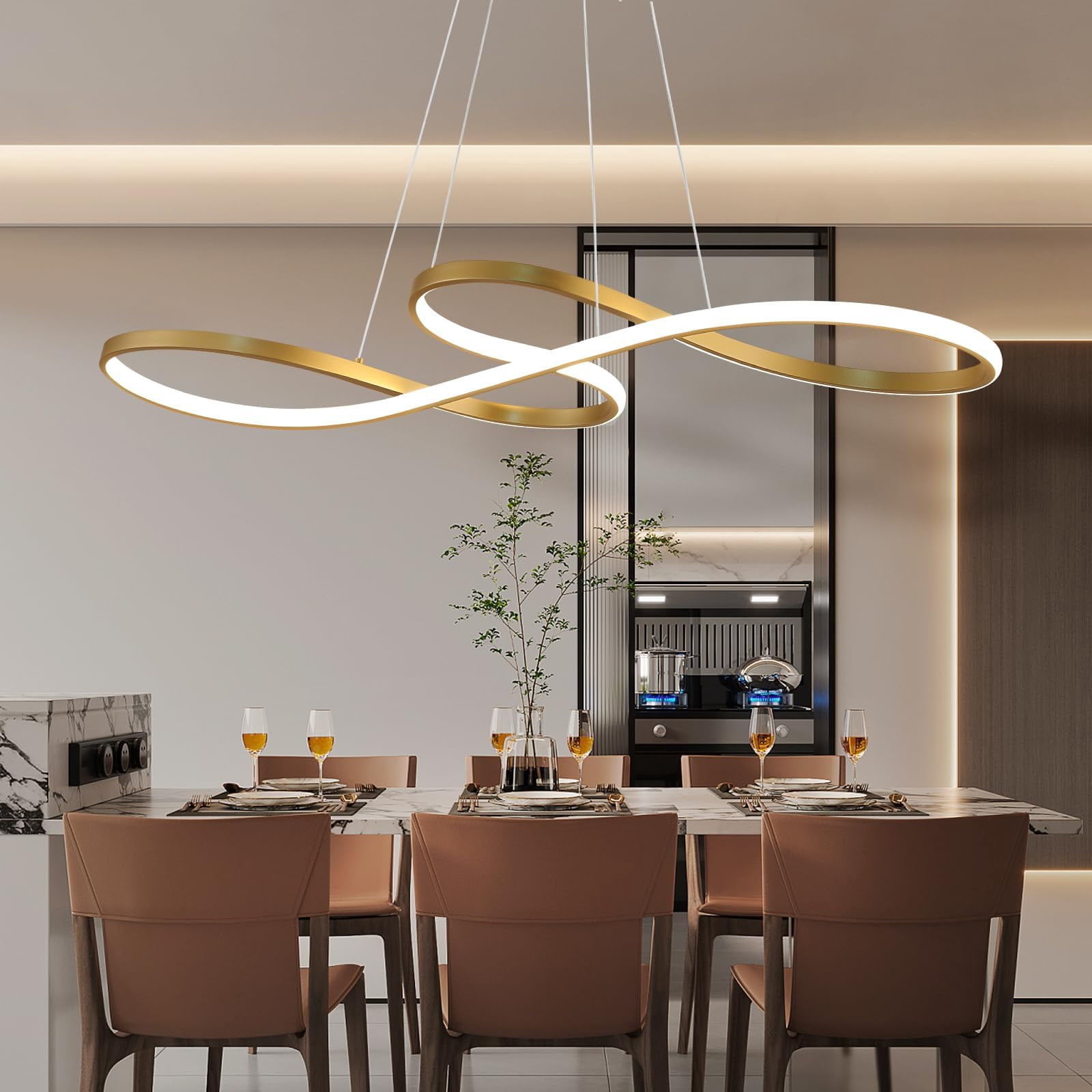 Musical Note Chandelier, Gold LED Dimmable Pendant Light with Remote for Kitchen Island, Dining Room