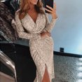 thumbnail image 2 of TSADFHJI Jupe Noire avec Fente Femme Robe de Soirée à Col en V à Manches Longues TTTG Argent, 2 of 7