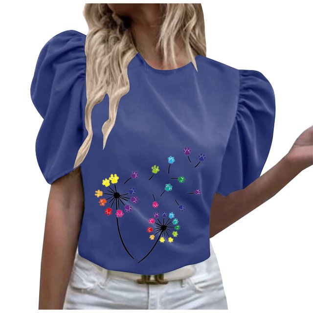 EQWLJWE Hauts d'Été pour Femmes Hauts pour Femmes Liquidation Femmes Été Sexy Imprimé Col Rond Manches Courtes Haut à Manches Courtes pour Femmes