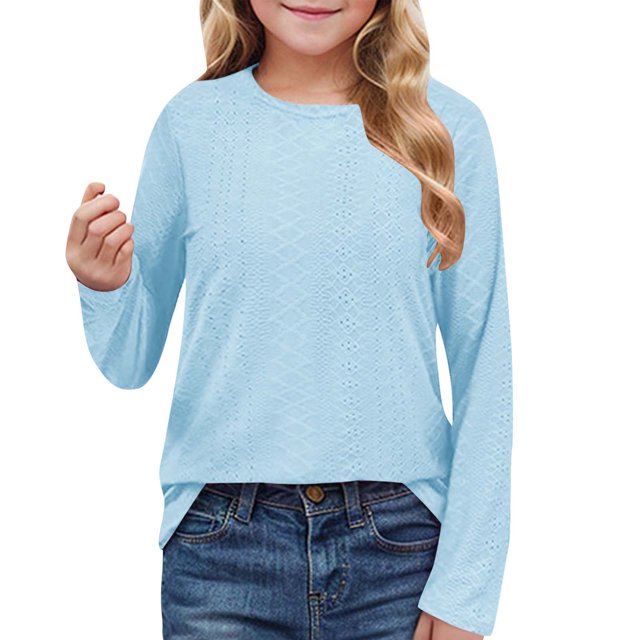 MeetoTime Girls Long Sleeve Solid Color Shirts Cute Crewneck Casual Blouses Children's Spring Fall Undershirt
