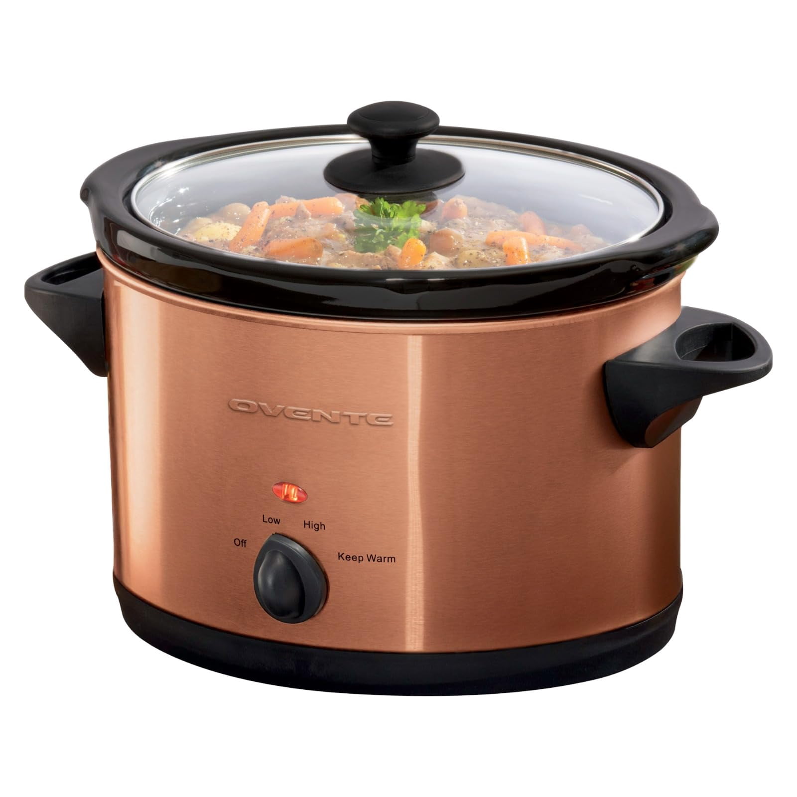OVENTE 4-Quart Electric Slow Cooker with 3 Temperature Setting, Removable Ceramic Pot, Dishwasher Safe Glass Lid, Stainless Steel Body, Ideal for Ent