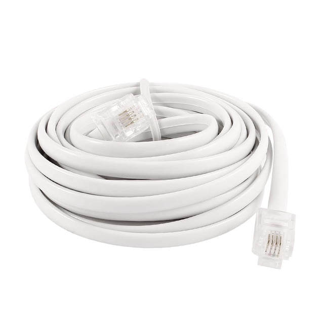 10ft RJ11 6P4C modular telephone phone cable in white, featuring male RJ11 connectors on both ends. Made of durable plastic, this 3-meter (10ft) cable is designed for standard RJ11 phones. The coiled cable is lightweight at 37g and includes a 6P4C configuration for reliable connectivity.