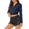 thumbnail image 4 of INSPIRE CHIC Blouson Bomber Court Métallisé à Manches Longues à Col Montant avec Fermeture Éclair pour Femme G Bleu Foncé, 4 of 6