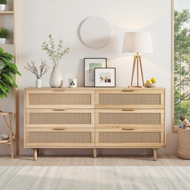Armoire de Rangement Moderne en Rotin Naturel à 6 Tiroirs Polyvalente avec Grand Espace de Rangement pour Chambre et Salon (59,06 Pouces Naturel)