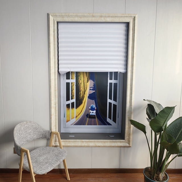 Curtain for Windows Polyester Fabric Panel Drapes Cordless Pleated Shades in a white finish, installed on a window with a scenic outdoor view. The light-filtering blinds are designed for easy installation without tools or drilling, suitable for living rooms and bedrooms. The cordless design ensures safety for children and pets, while the pleated style adds a modern touch to the decor.