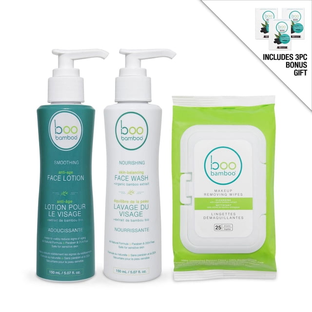 Boo Bamboo All Natural 3pc Face Care Bundle with 150ml anti-age smoothing face lotion in teal bottle, 150ml nourishing skin-balancing face wash in white bottle, and 25-count makeup removing wipes in green pack with bamboo extract, plus bonus 3-pack charcoal blotting linens ideal for mattifying and oil absorption.