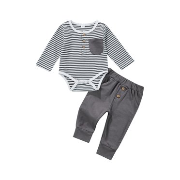 Xingqing Autumn 2pcs Baby Boys Causal Clothes Pocket Long Sleeve Striped Romper Tops+Elastic Pants Set Gray 0-3 Months