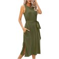 thumbnail image 1 of Robe d'Été pour Femme Sans Manches à Col Ras du Cou, Robe Basique Unie avec Taille à Nouer, Robe T-Shirt de Bureau avec Poches, 1 of 5