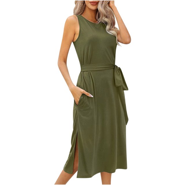 Robe d'Été pour Femme Sans Manches à Col Ras du Cou, Robe Basique Unie avec Taille à Nouer, Robe T-Shirt de Bureau avec Poches