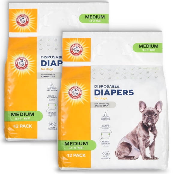 Arm&Hammer for Pets Female Dog Diapers Size Medium 24 Count UltraAbsorbent Adjustable Girl Dog Diapers with Leakproof Protection and Wetness Indicator Arm&Hammer Baking Soda Enhanced Pack of 2