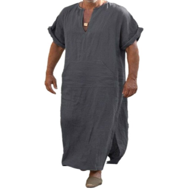 Robe en Lin Col en V pour Hommes Manches Courtes Kaftan Thobe Longue Robe Saudi Arabe Thobe Islamique Musulman Dubai Robe
