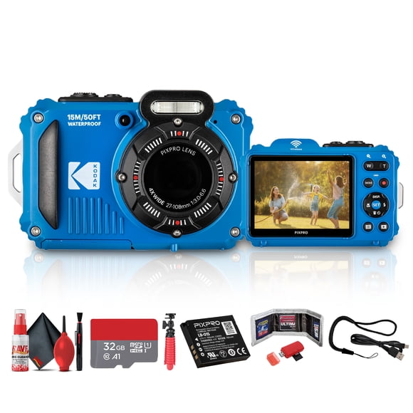 Kodak PIXPRO WPZ2 Digital Camera (Blue) | Waterproof, Shockproof & Dustproof Camera with 16MP Sensor, 1080p Video & 4x Optical Zoom | For Travel & Outdoor use + 32GB Card + Vlogger Tripod + More