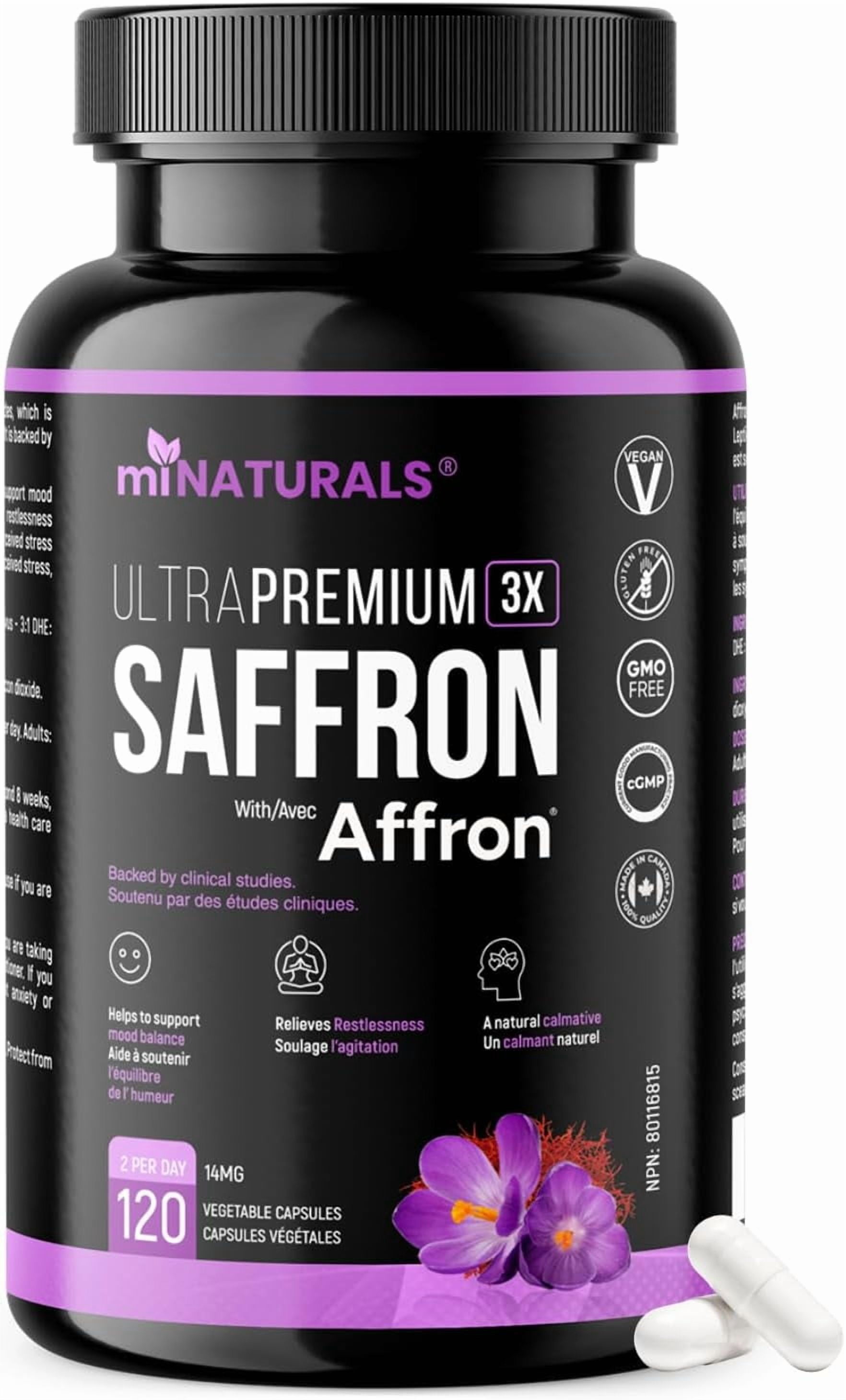 Suppléments de Safran | 120 Capsules/Comprimés par miNATURALS | Extrait de Safran 100% Pur | Soutient l'Équilibre de l'Humeur pour Hommes, Femmes et Adolescents | Soutenu par 9 Études Cliniques | Ingrédient Breveté | Affron