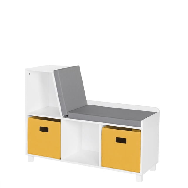 RiverRidge Home Book Nook Collection Storage Bench with Cubbies in white, with gray cushioned seat and backrest, two golden yellow fabric storage bins in lower cubbies, and open cubbies for organizing kids' playroom items, ideal for seating and storage.