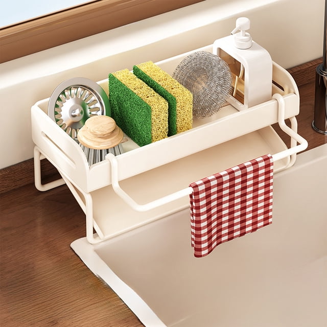 Kitchen Sponge Holder and Sink Storage Rack | Soap Dispenser and Accessory Organizer | Countertop Draining Basket for Sponges, Brushes, and Cleaning Tools | Plastic Kitchen Caddy