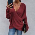 thumbnail image 1 of Mode Femmes Couleur Unie Pullove à Manches Longues Chandail à Col en V Pull Tops, 1 of 9