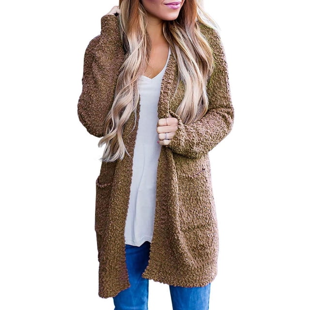 Cardigan pour Femmes Femmes Dames Uni Ouvert Doux Épais Poche Manteau à Manches Longues Vêtement d'Extérieur Cardigan en Liquidation