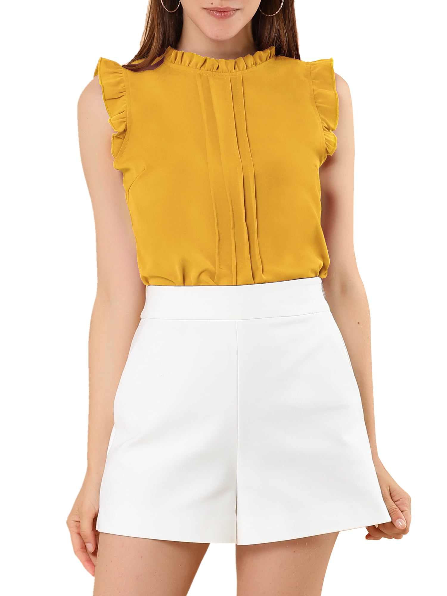 INSPIRE CHIC Women's Sleeveless Blouse Ruffled Pleated Wear-to-Work Chic Blouse XS Yellow
