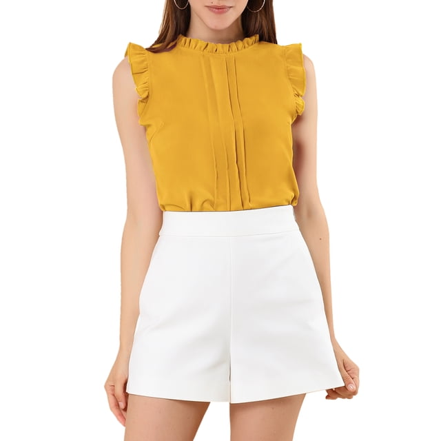 INSPIRE CHIC Women's Sleeveless Blouse Ruffled Pleated Wear-to-Work Chic Blouse XS Yellow
