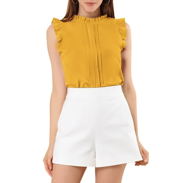 INSPIRE CHIC Women's Sleeveless Work Blouses Ruffled Pleated Chic Tops Yellow XL