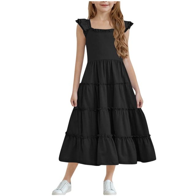 Diufon Girls Maxi Dress Summer Casual Cap Sleeve A Line Sundress Ruffle Hem Flowy Dress for Tween 3-13 Years