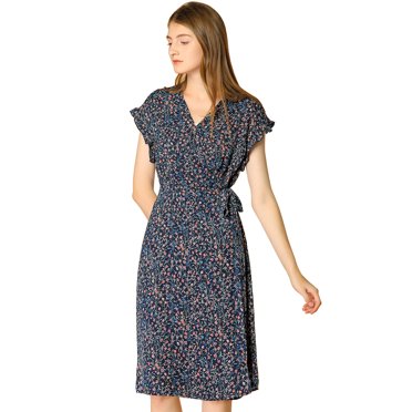 INSPIRE CHIC Robe Midi Portefeuille pour Femme à Col en V, à Fleurs, avec Volants aux Poignets