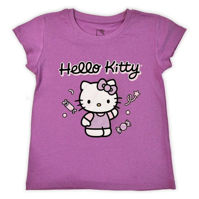 Hello Kitty T-shirt à Manches Courtes pour Fille Couleur iris Orchidée avec Graphique Hello Kitty à l'Avant, Nœud et illustrations de Bonbons, Fabriqué en Mélange de Poly-Coton Doux et Respirant avec Encolure Ras du Cou, Idéal pour une Tenue Décontractée Ou pour Superposer.