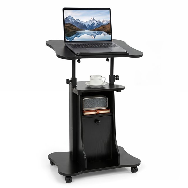 Costway Bureau Debout à Hauteur Réglable, Podium Mobile, Chariot avec Plateau Inclinable et Armoire à Porte