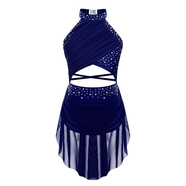 Raenseen Robe de Danse Ballet Jazz pour Filles, Justaucorps de Patinage Artistique, Strass Brillants, Robe de Bal Sans Manches, Bleu Marine 6