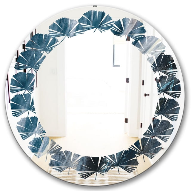 Modern round wall mirror featuring a decorative border of blue indigo leaves, measuring 24x24 inches.