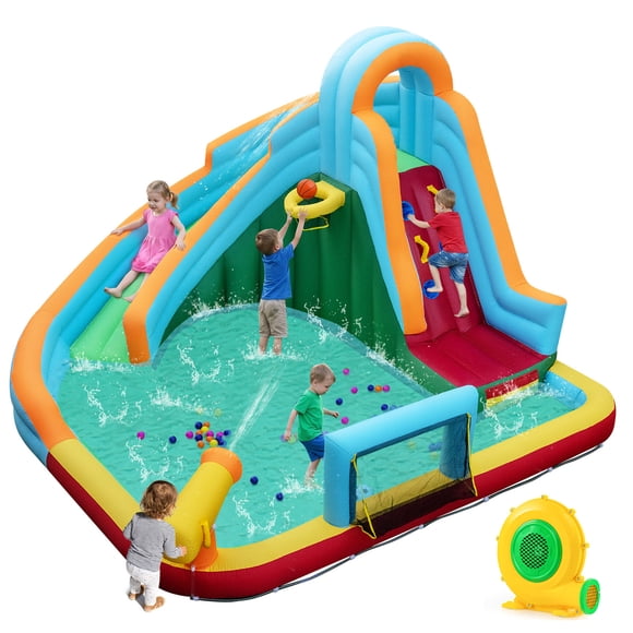 Gymax 6-in-1 Inflatable Water Slide Park w/Long Slide Climbing Wall 680W Blower