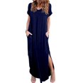 thumbnail image 1 of adviicd Robes pour Femmes 2024 Robes Décontractées pour Femmes Manches Courtes Col en V Cordon de Serrage Volant Décontracté Robe Mini Évasée Bleu Foncé,TTTTG, 1 of 5