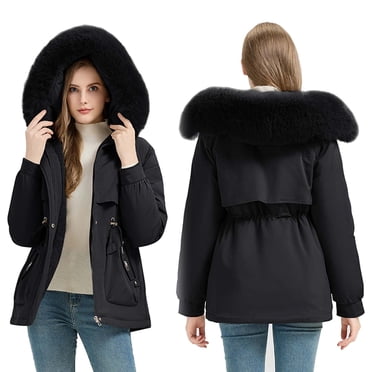 Mceream Long Fleece Jackets for Women Winter Fall Fashion Zip up Jacket Coat with Fur Hood Thickened Adjustable Waist Lightweight Warm Puffer Coat with Pockets Plus Size Outwear Black XL