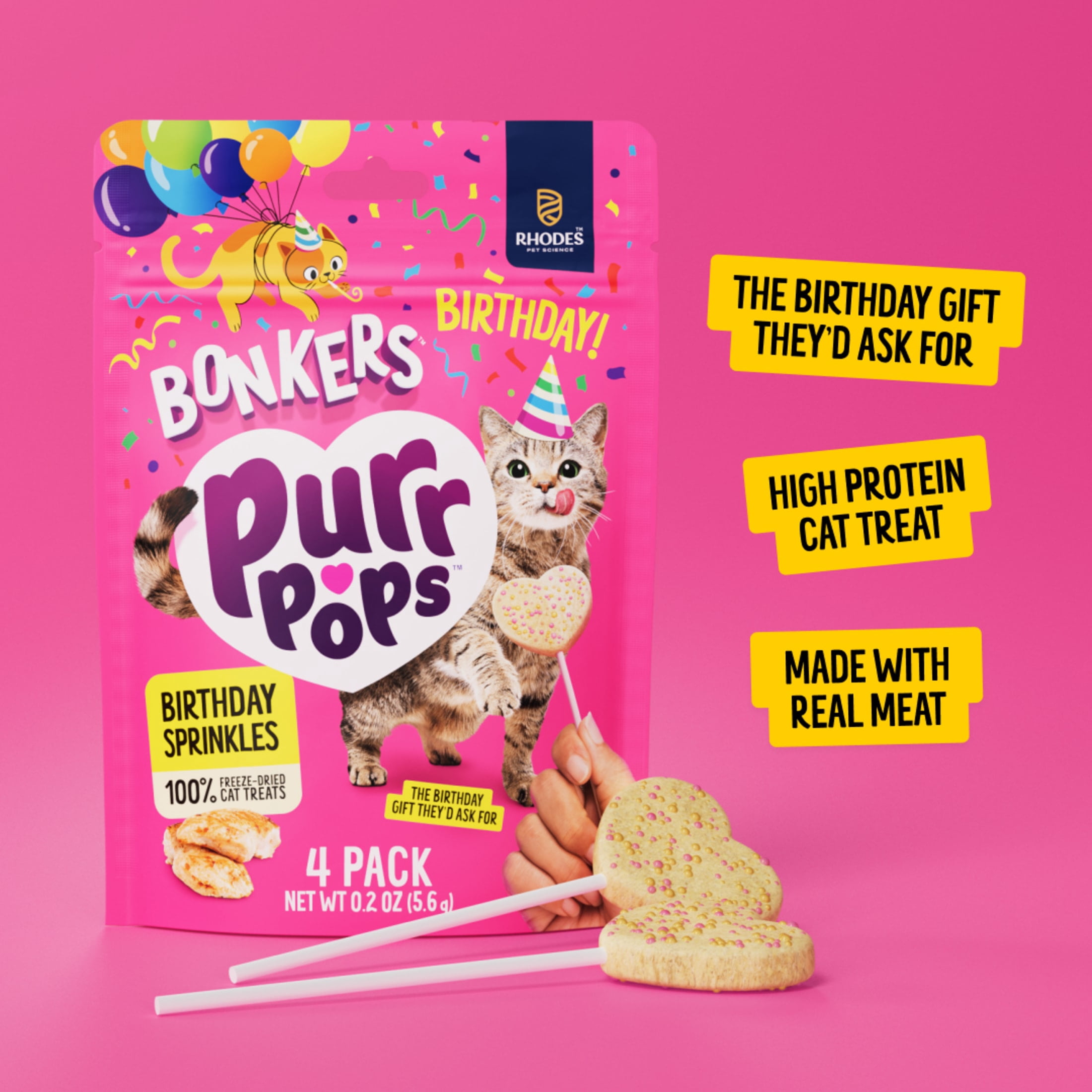 BONKERS Purrpops Suçons pour chat lyophilisés à saveur de poulet, édition Gâteau d’anniversaire, emballage de 4