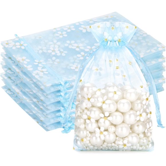 30Pcs Blue Organza Bags - 4x6 In Sheer Mesh Jewelry Pouches, Daisy Drawstring Organza Bags for Baby Shower, Birdal Shower, Wedding Party Favors