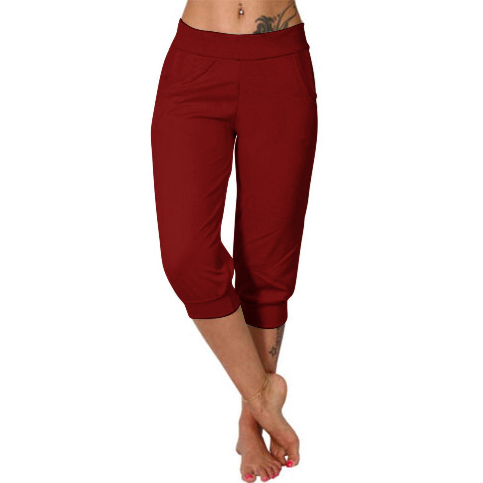Timegard Pantalon Capri de Survêtement pour Femmes, Bas Resserré, Couleur Unie, Joggers Raccourcis, Pantalon d'Entraînement avec Poches