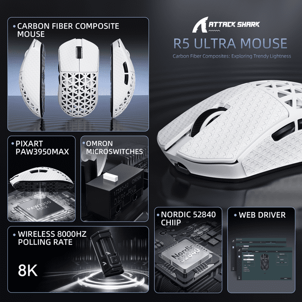 ATTACK SHARK R5 Ultra Carbon Fiber 8000Hz Wireless Gaming Mouse