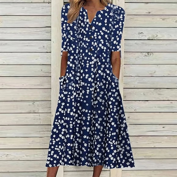 zanvin Womens Fashion Dresses Summer Printing Causal V-Neck Button Short Sleeve Vacation Pockets Dress,Blue