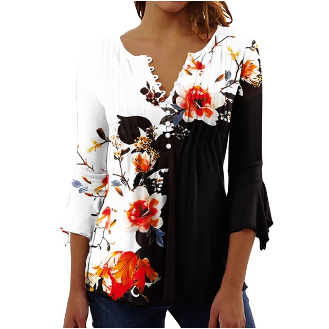 Hauts à Manches 3/4 pour Femmes avec Col en V et Détails de Boutons, Présentant un design à Blocs de Couleur Noir et Blanc avec des Imprimés Floraux Rouges et orange Vibrants. Fait de 95 % polyester et 5 % Élasthanne, Ce Chemisier Est Léger, Confortable et Convient aux occasions Décontractées, de Travail Ou de Fête. Idéal pour le Printemps et l'Été, Il Relève des Catégories Chemisiers pour Femmes et Hauts d'Été.
