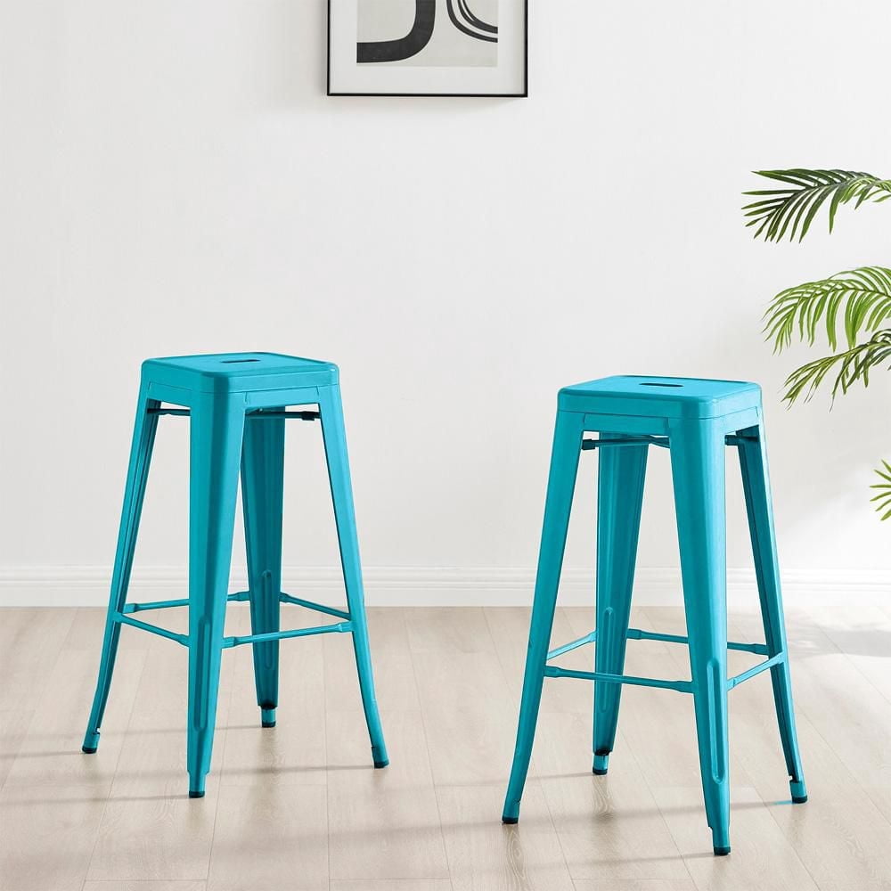 Heavenly Collection Industrial Turquoise Metal Counter Stools Set of 3 - Tolix-Style Backless Barstools with Wooden Seat Option - Ideal for Kitchen Islands & Patios