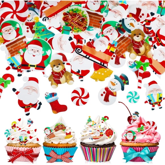 300 Pieces Edible Christmas Cake Decorations Cupcake Topper Edible Christmas Wafer Stand Up Discs Birthday Cake Cupcake Supplies for Party Santa Clause Xmas Tree Snowman Decorations